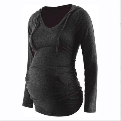 Rudens jauni V veida kakla kapuces ar garām piedurknēm grūtnieču T-krekls vienkrāsains džemperis Grūtniecības apģērbs grūtniecēm mētelis sievietēm ziemā