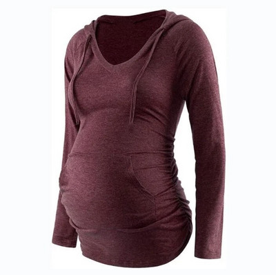 Rudens jauni V veida kakla kapuces ar garām piedurknēm grūtnieču T-krekls vienkrāsains džemperis Grūtniecības apģērbs grūtniecēm mētelis sievietēm ziemā