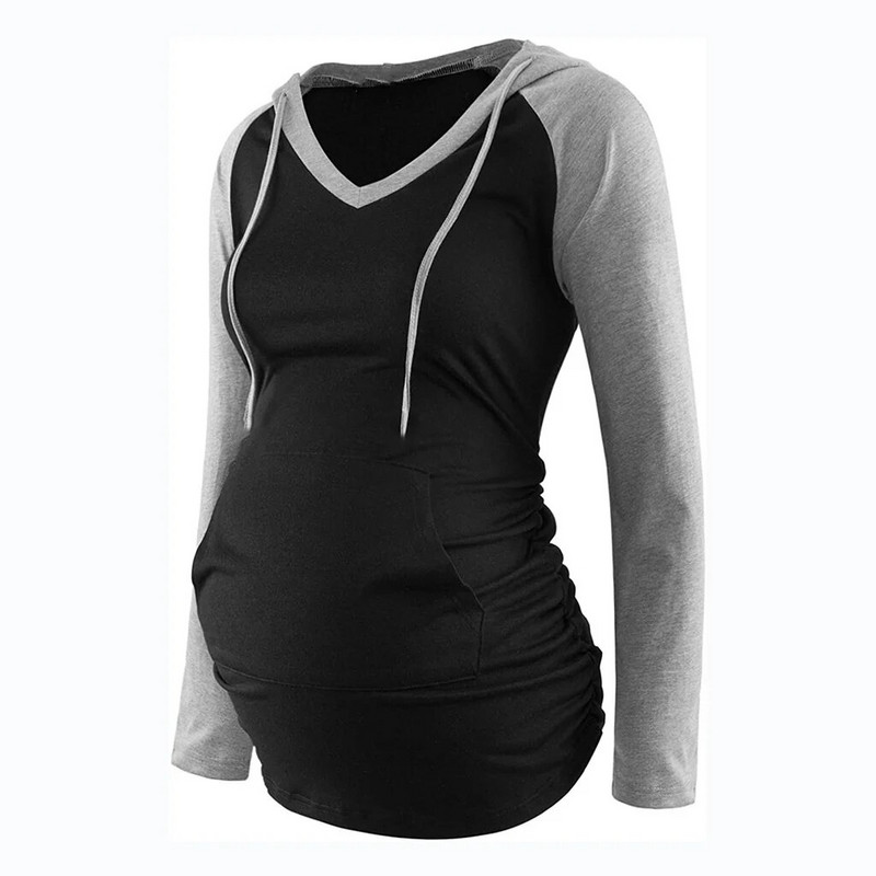 Rudens jauni V veida kakla kapuces ar garām piedurknēm grūtnieču T-krekls vienkrāsains džemperis Grūtniecības apģērbs grūtniecēm mētelis sievietēm ziemā