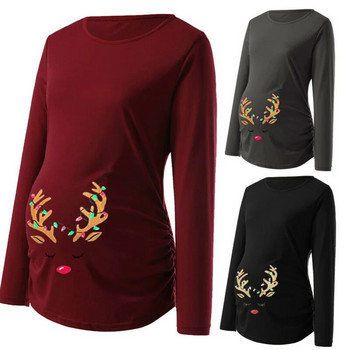 Зимни дамски щампи за бременни Коледни странични блузи с дълъг ръкав Santa Moose Тениска Горнища за кърмачки Бременни дрехи
