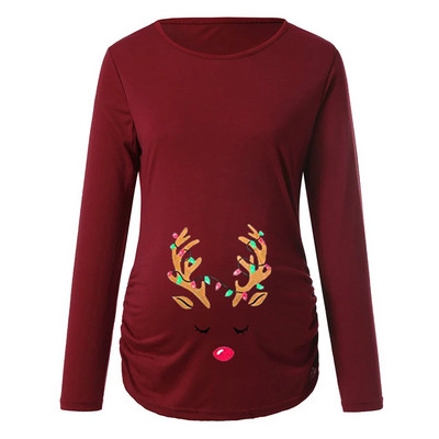 Zimske majice kratkih rukava s božićnim printom za trudnice s naborima i dugim rukavima za trudnice, dojilje i trudnice