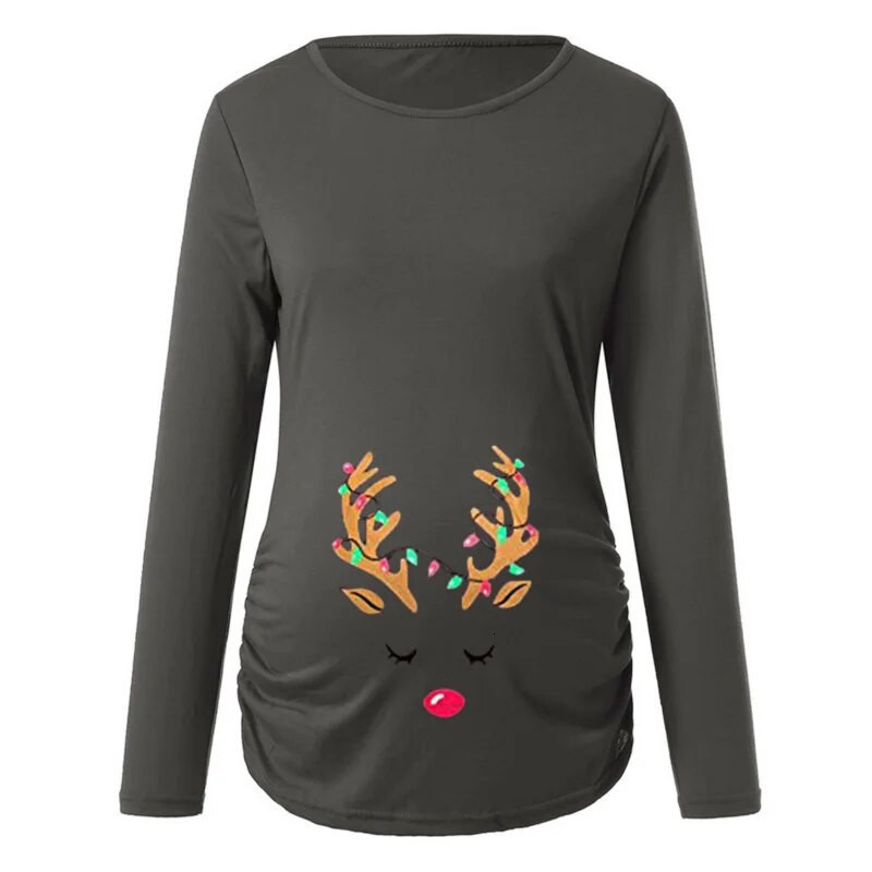 Zimske majice kratkih rukava s božićnim printom za trudnice s naborima i dugim rukavima za trudnice, dojilje i trudnice