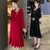 Rudens modes kleita grūtniecēm, mākslīgā, divdaļīgi volāni, garām piedurknēm ar V veida kakla izgriezumu, grūtniecei adīta kleita grūtniecēm.