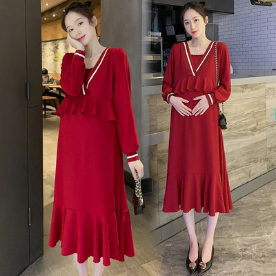 Rudens modes kleita grūtniecēm, mākslīgā, divdaļīgi volāni, garām piedurknēm ar V veida kakla izgriezumu, grūtniecei adīta kleita grūtniecēm.