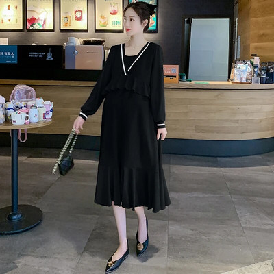 Rudens modes kleita grūtniecēm, mākslīgā, divdaļīgi volāni, garām piedurknēm ar V veida kakla izgriezumu, grūtniecei adīta kleita grūtniecēm.