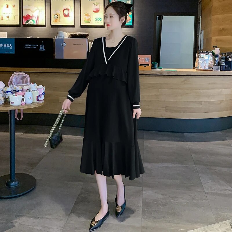 Rudens modes kleita grūtniecēm, mākslīgā, divdaļīgi volāni, garām piedurknēm ar V veida kakla izgriezumu, grūtniecei adīta kleita grūtniecēm.