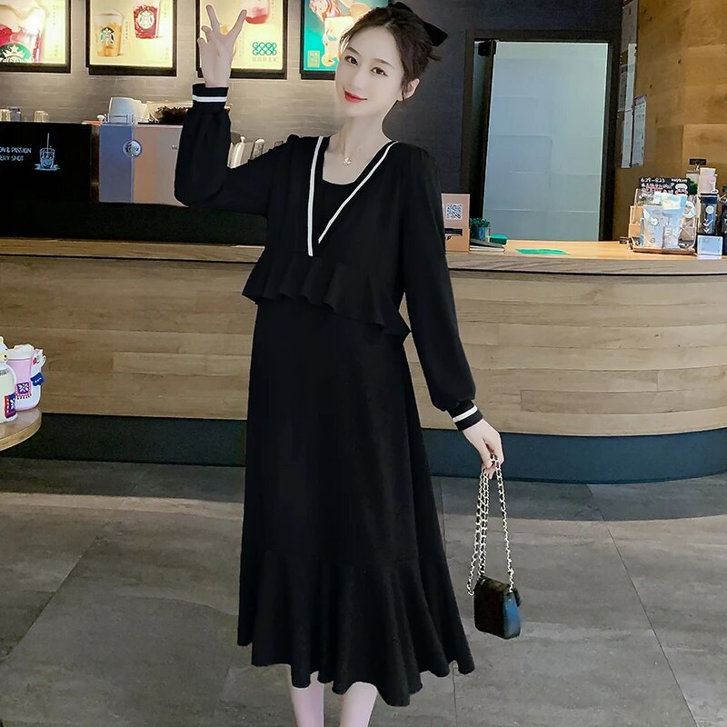 Rudens modes kleita grūtniecēm, mākslīgā, divdaļīgi volāni, garām piedurknēm ar V veida kakla izgriezumu, grūtniecei adīta kleita grūtniecēm.