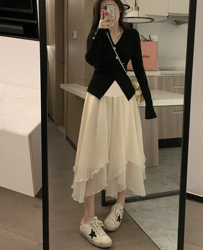 2023-as koreai stílusú kismamaszoknyák, magas derekú, patchwork, terhes női sifonszoknyák földig érő terheshasszoknyák