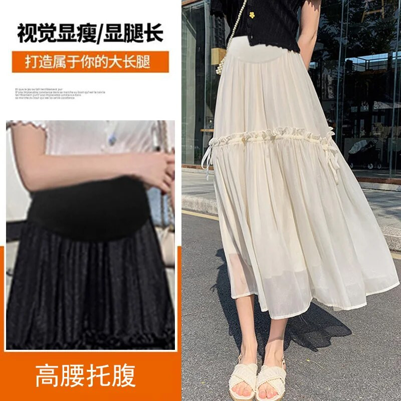 Bézs fekete kismama hasi szoknyák magas derekú divat terhes nők rakott szoknya fodrok patchwork húzózsinór terhes szoknyák