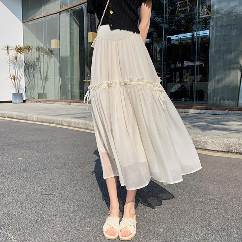 Bézs fekete kismama hasi szoknyák magas derekú divat terhes nők rakott szoknya fodrok patchwork húzózsinór terhes szoknyák