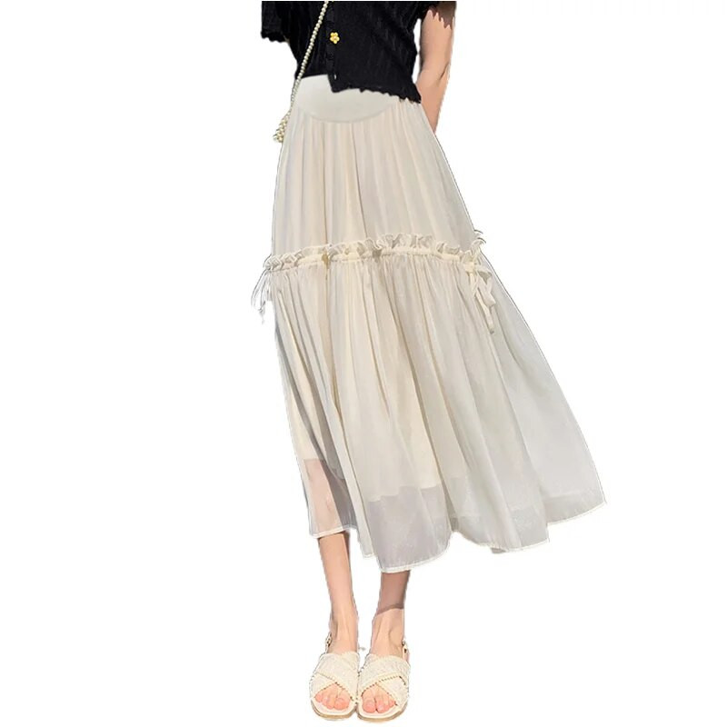 Bézs fekete kismama hasi szoknyák magas derekú divat terhes nők rakott szoknya fodrok patchwork húzózsinór terhes szoknyák