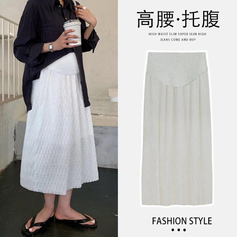 Fehér terhes női hasszoknya, magas derekú, bokáig érő kismama szoknya béléssel Édes terhességi szoknyák