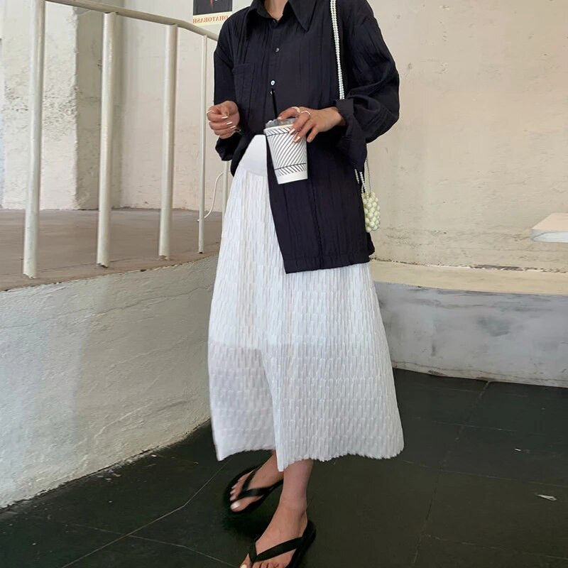 Fehér terhes női hasszoknya, magas derekú, bokáig érő kismama szoknya béléssel Édes terhességi szoknyák