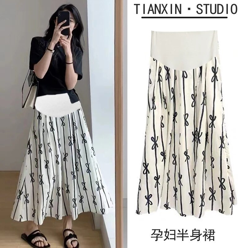 Šifonske suknje s uzorcima mašna za trudnice s visokim strukom, duge široke plisirane suknje za trudnice Odjeća za trudnice