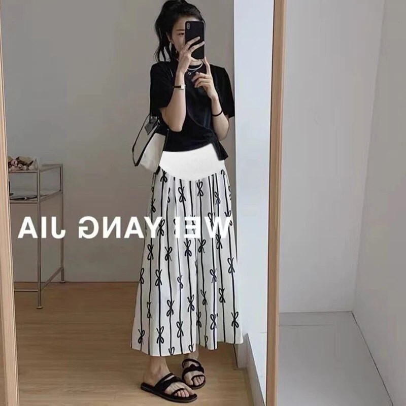 Šifonske suknje s uzorcima mašna za trudnice s visokim strukom, duge široke plisirane suknje za trudnice Odjeća za trudnice