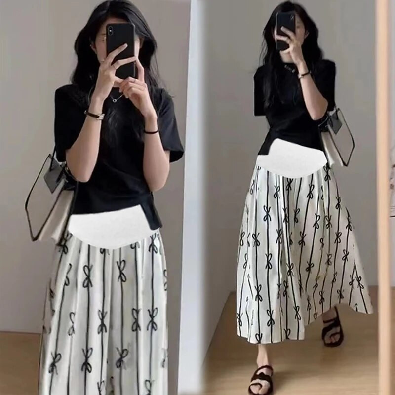 Šifonske suknje s uzorcima mašna za trudnice s visokim strukom, duge široke plisirane suknje za trudnice Odjeća za trudnice