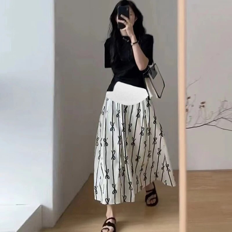 Šifonske suknje s uzorcima mašna za trudnice s visokim strukom, duge široke plisirane suknje za trudnice Odjeća za trudnice