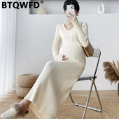 BTQWFD Γυναικείο φόρεμα Έγκυος γυναικείο ένδυμα πλεκτό με λαιμόκοψη με μακρυμάνικο γυναικείο streetwear 2023 Νέα μόδα Φθινόπωρο Χειμώνας Κορεάτικα