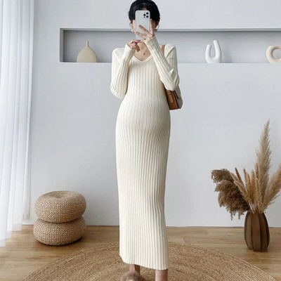 BTQWFD Γυναικείο φόρεμα Έγκυος γυναικείο ένδυμα πλεκτό με λαιμόκοψη με μακρυμάνικο γυναικείο streetwear 2023 Νέα μόδα Φθινόπωρο Χειμώνας Κορεάτικα