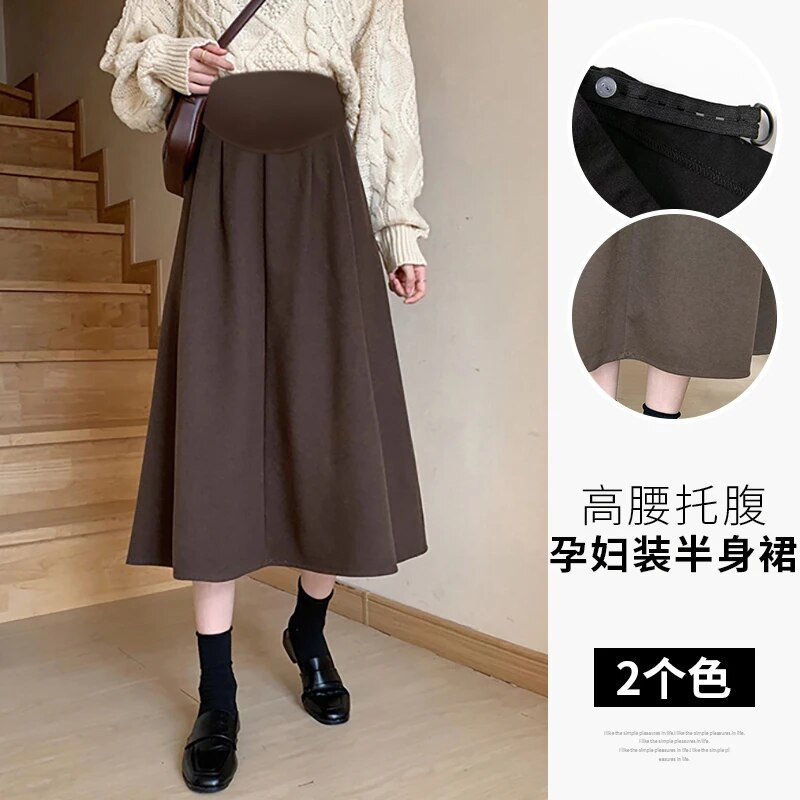 Melnā kafija Modes Grūtnieču vēdera svārki ar augstu vidukli Grūtniecība Empired Svārki Gari, brīvi Grūtnieces A-Line Lietussarga svārki