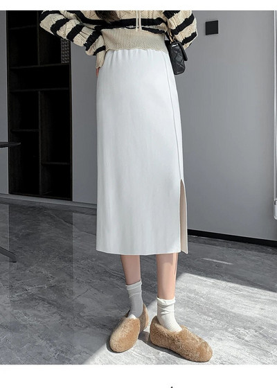 Grūtniecēm Zīmuļu svārki ar augstu vidukli uz sāniem sadalīti grūtnieču taisni svārki vienkrāsaini grūtniecēm vilnas svārki adāmām drēbēm