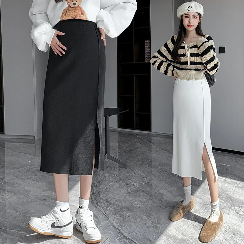 Grūtniecēm Zīmuļu svārki ar augstu vidukli uz sāniem sadalīti grūtnieču taisni svārki vienkrāsaini grūtniecēm vilnas svārki adāmām drēbēm