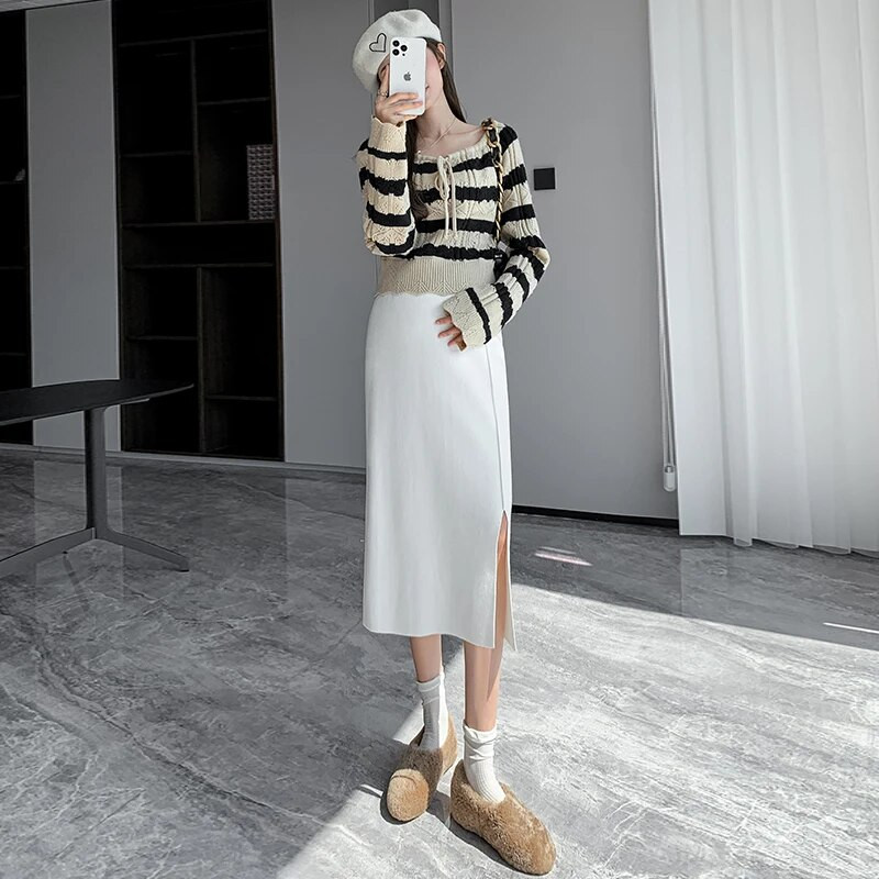 Grūtniecēm Zīmuļu svārki ar augstu vidukli uz sāniem sadalīti grūtnieču taisni svārki vienkrāsaini grūtniecēm vilnas svārki adāmām drēbēm