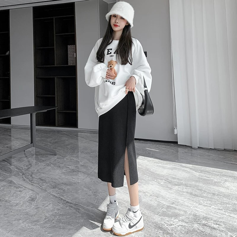 Grūtniecēm Zīmuļu svārki ar augstu vidukli uz sāniem sadalīti grūtnieču taisni svārki vienkrāsaini grūtniecēm vilnas svārki adāmām drēbēm