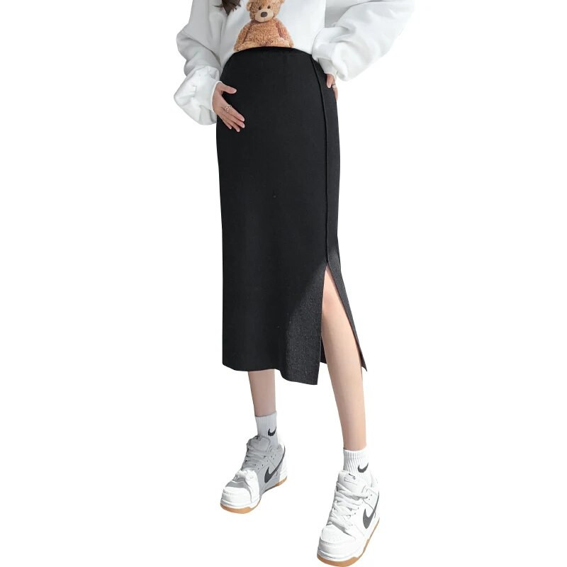 Grūtniecēm Zīmuļu svārki ar augstu vidukli uz sāniem sadalīti grūtnieču taisni svārki vienkrāsaini grūtniecēm vilnas svārki adāmām drēbēm