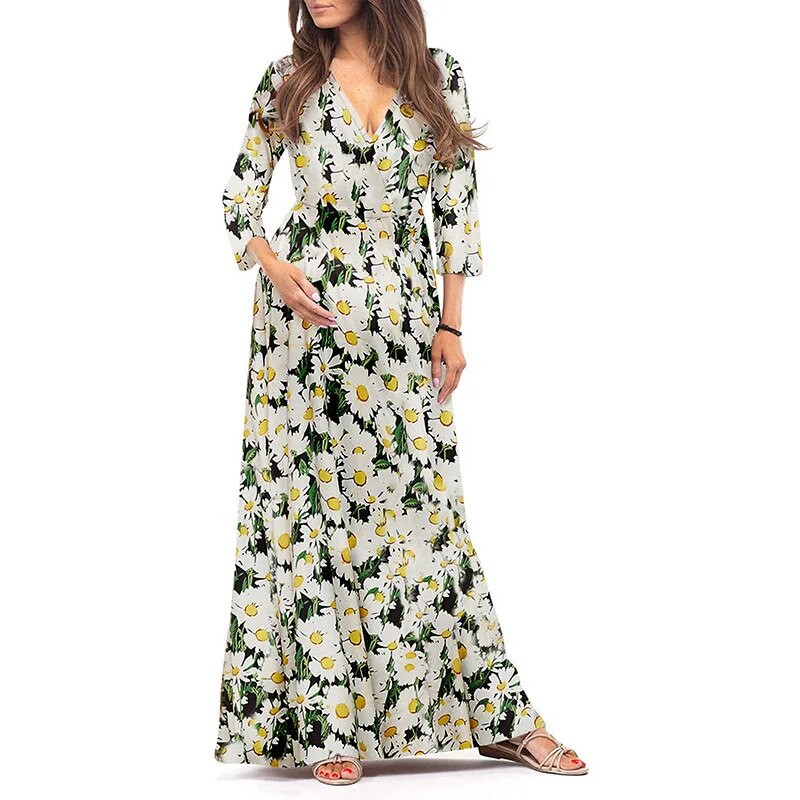 Trudnička haljina s V-izrezom i malim printom tratinčica, dugih rukava, trudnička haljina za dojenje za trudnice, maksi haljina za trudnice