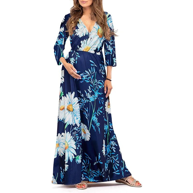 Trudnička haljina s V-izrezom i malim printom tratinčica, dugih rukava, trudnička haljina za dojenje za trudnice, maksi haljina za trudnice