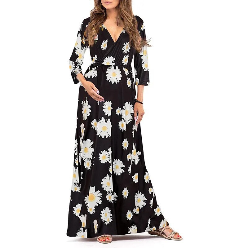 Trudnička haljina s V-izrezom i malim printom tratinčica, dugih rukava, trudnička haljina za dojenje za trudnice, maksi haljina za trudnice