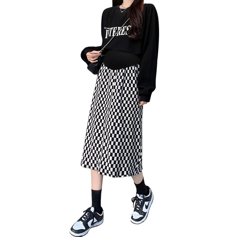Divatnyomtatás Terhes nők hasított szoknyák lábszárközépig, magas derékig kismama Empire szoknya Vintage kockás terhességi egyenes szoknyák