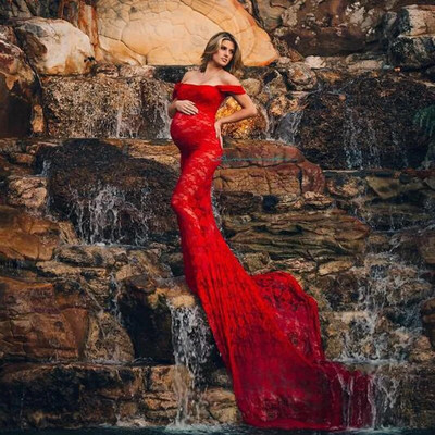 Čipkana haljina s otvorenim ramenima za trudnice Rekvizit za fotografije, dugačka haljina na duge staze Trudnice, seksi perspektivna odjeća