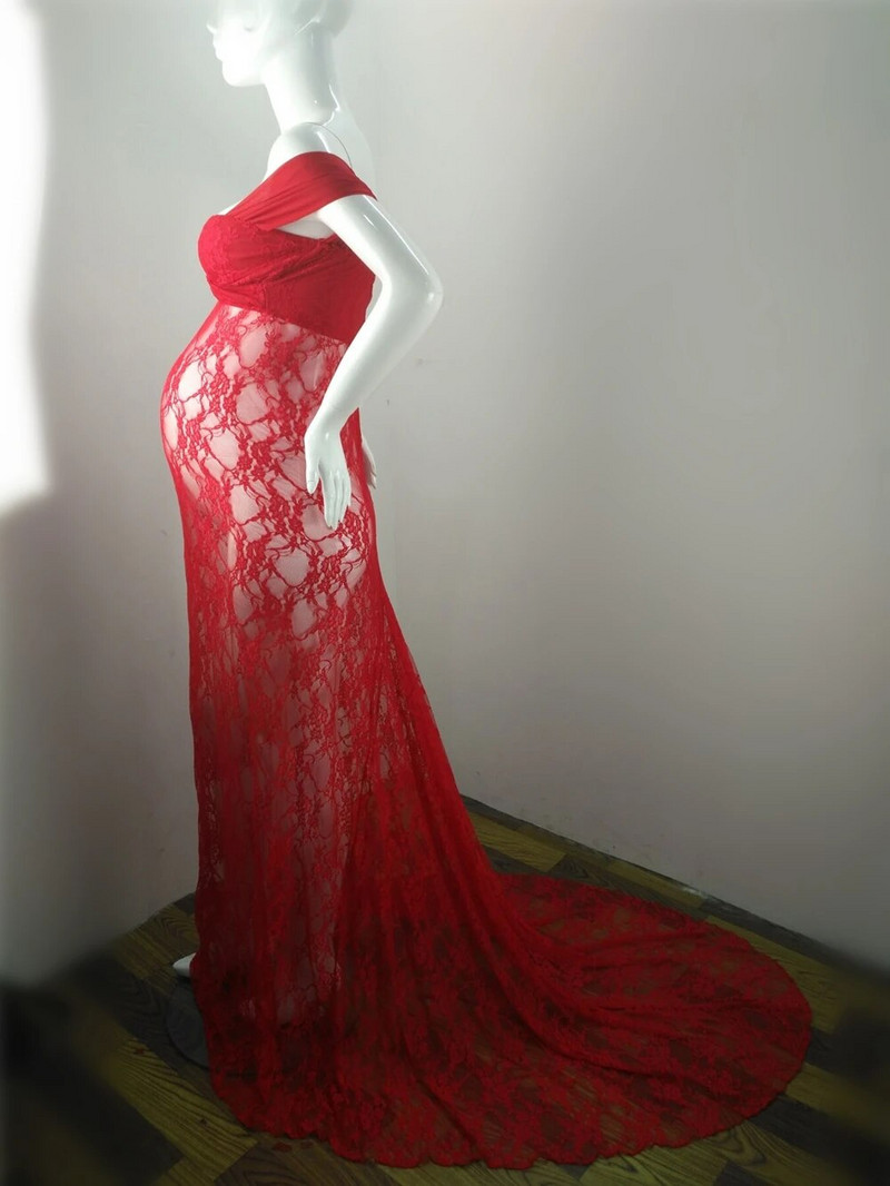 Čipkana haljina s otvorenim ramenima za trudnice Rekvizit za fotografije, dugačka haljina na duge staze Trudnice, seksi perspektivna odjeća