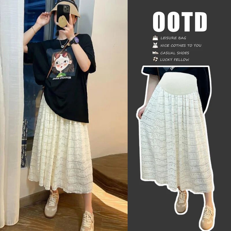 Nyári édes kismama hasi szoknyák magas derekú terhes nő csipke szoknya Bokáig érő terhes rakott szoknyák Maxi szoknya aranyos