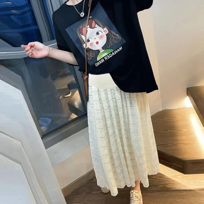 Nyári édes kismama hasi szoknyák magas derekú terhes nő csipke szoknya Bokáig érő terhes rakott szoknyák Maxi szoknya aranyos