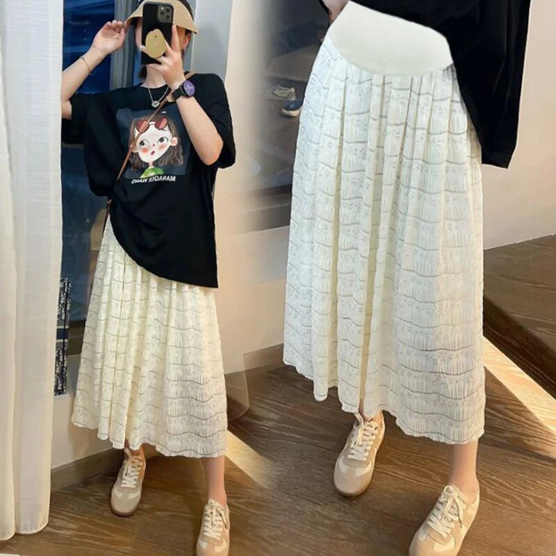 Nyári édes kismama hasi szoknyák magas derekú terhes nő csipke szoknya Bokáig érő terhes rakott szoknyák Maxi szoknya aranyos