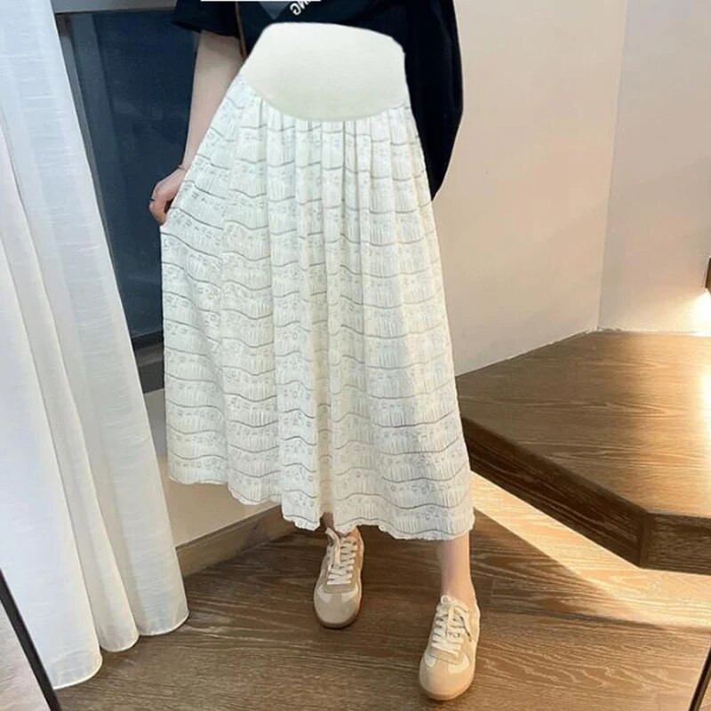 Nyári édes kismama hasi szoknyák magas derekú terhes nő csipke szoknya Bokáig érő terhes rakott szoknyák Maxi szoknya aranyos