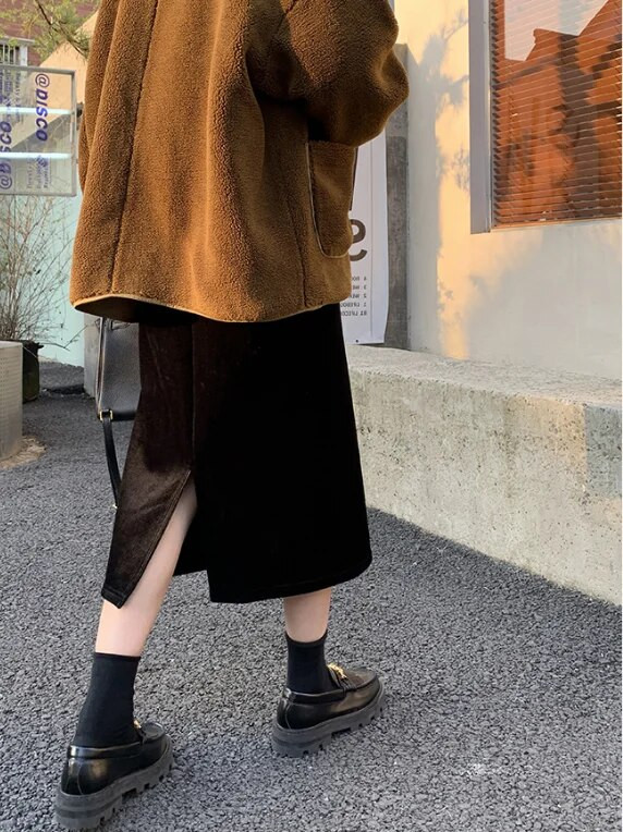 Talvine rasedate naiste A-line seelik sametist reguleeritava vöökohaga, seljaosa lõhestatud mood, rasedate kõhuseelikud Paks soe must beež