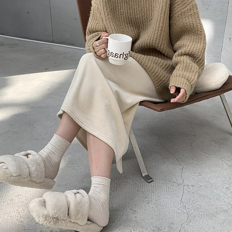 Talvine rasedate naiste A-line seelik sametist reguleeritava vöökohaga, seljaosa lõhestatud mood, rasedate kõhuseelikud Paks soe must beež