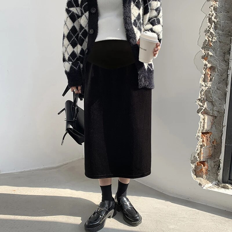 Talvine rasedate naiste A-line seelik sametist reguleeritava vöökohaga, seljaosa lõhestatud mood, rasedate kõhuseelikud Paks soe must beež