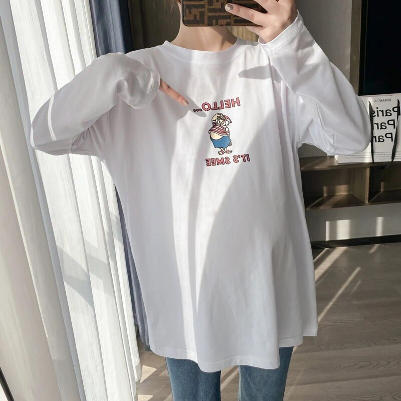 Proljetna jednostavna majica dugih rukava s printom Bijela pamučna odjeća za trudnice Odjeća za trudnice 8590