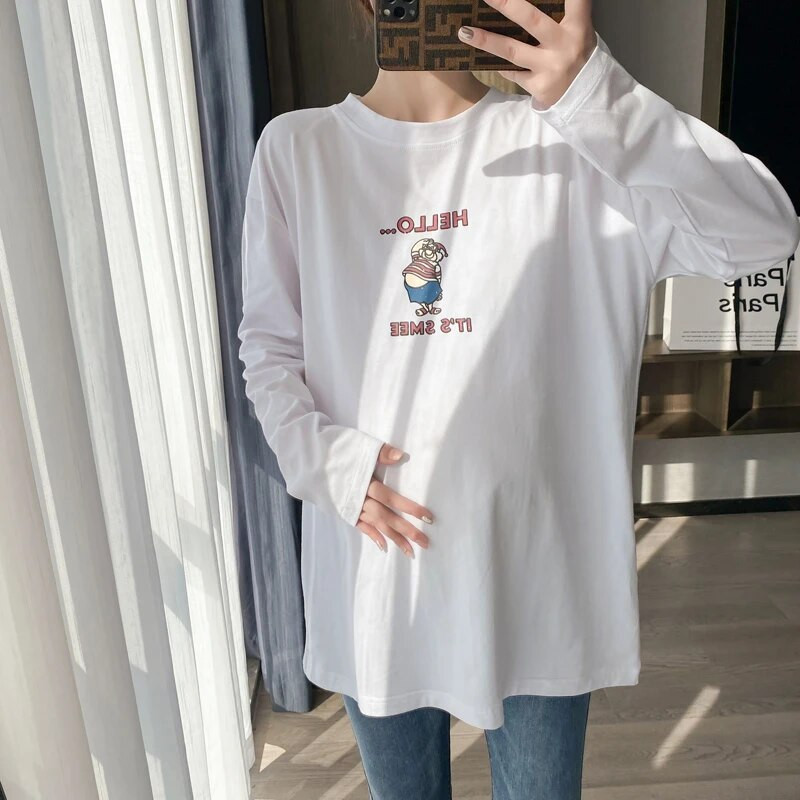 Proljetna jednostavna majica dugih rukava s printom Bijela pamučna odjeća za trudnice Odjeća za trudnice 8590