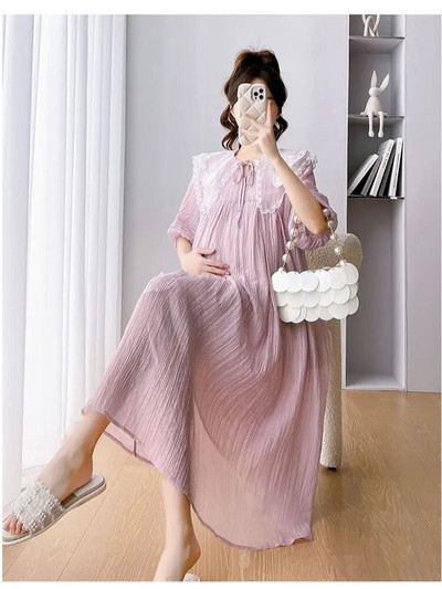 2023. Duga labava ljetna haljina za trudnice, ružičasta puf rukava, slatka čipkana Peter Pan kragna, haljina od šifona za trudnice, blagdanska odjeća