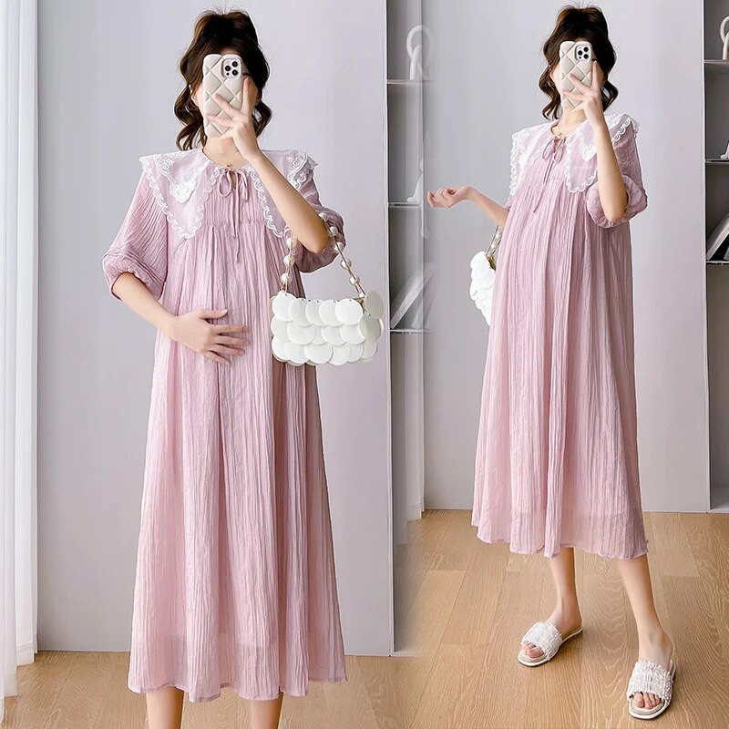 2023. Duga labava ljetna haljina za trudnice, ružičasta puf rukava, slatka čipkana Peter Pan kragna, haljina od šifona za trudnice, blagdanska odjeća