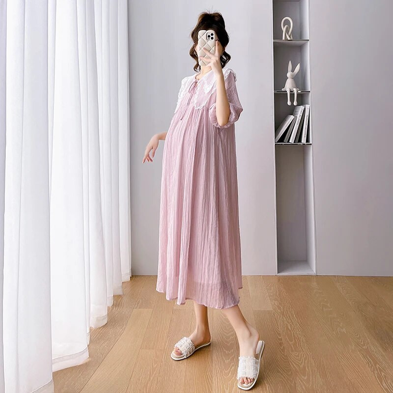 2023. Duga labava ljetna haljina za trudnice, ružičasta puf rukava, slatka čipkana Peter Pan kragna, haljina od šifona za trudnice, blagdanska odjeća