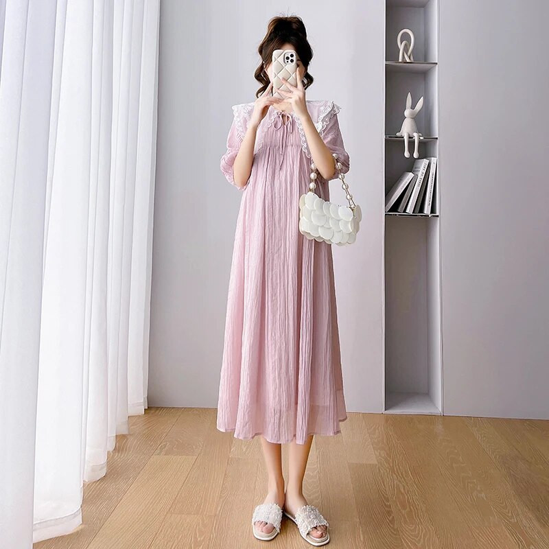 2023. Duga labava ljetna haljina za trudnice, ružičasta puf rukava, slatka čipkana Peter Pan kragna, haljina od šifona za trudnice, blagdanska odjeća