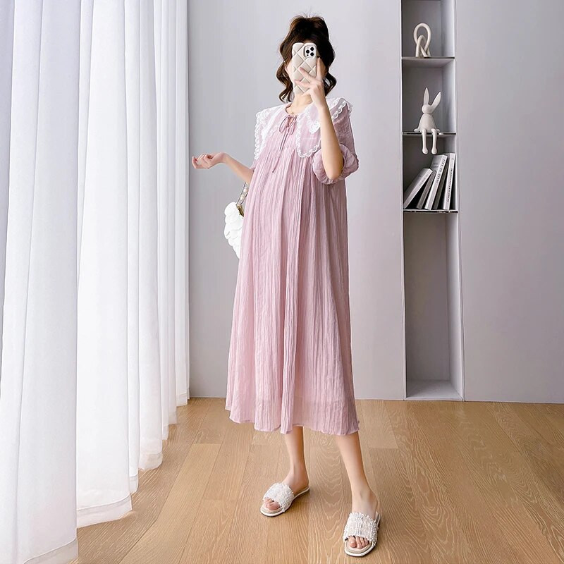 2023. Duga labava ljetna haljina za trudnice, ružičasta puf rukava, slatka čipkana Peter Pan kragna, haljina od šifona za trudnice, blagdanska odjeća