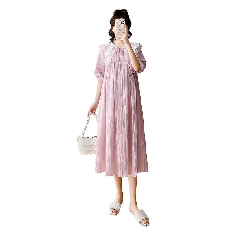 2023. Duga labava ljetna haljina za trudnice, ružičasta puf rukava, slatka čipkana Peter Pan kragna, haljina od šifona za trudnice, blagdanska odjeća